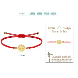 Pulsera Hilo rojo doble Medalla de San Benito en Acero Dorado (P2) ·